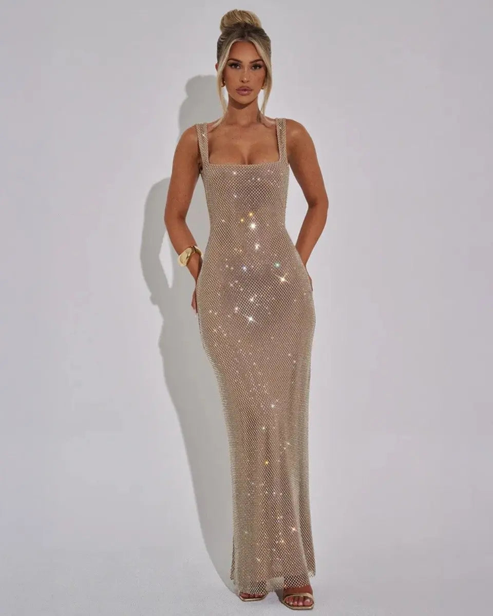 Women's Sequin Maxi Dress Sleeveless Square Neck Bodycon Evening Gown – Christmas Party & New Year's Eve