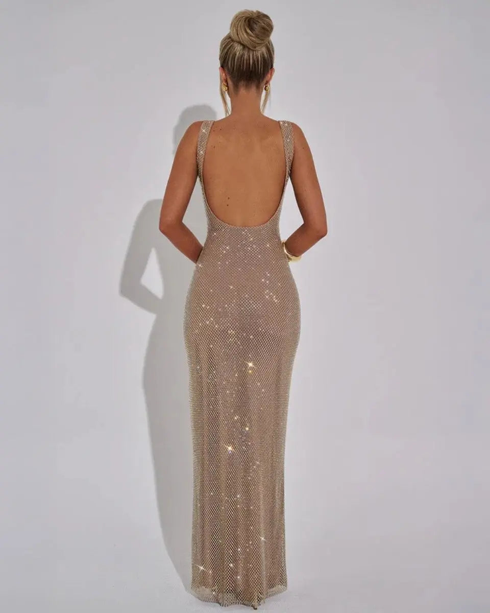 Women's Sequin Maxi Dress Sleeveless Square Neck Bodycon Evening Gown – Christmas Party & New Year's Eve