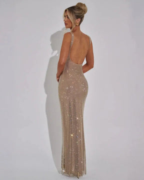 Women's Sequin Maxi Dress Sleeveless Square Neck Bodycon Evening Gown – Christmas Party & New Year's Eve
