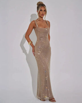 Women's Sequin Maxi Dress Sleeveless Square Neck Bodycon Evening Gown – Christmas Party & New Year's Eve