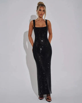 Women's Sequin Maxi Dress Sleeveless Square Neck Bodycon Evening Gown – Christmas Party & New Year's Eve