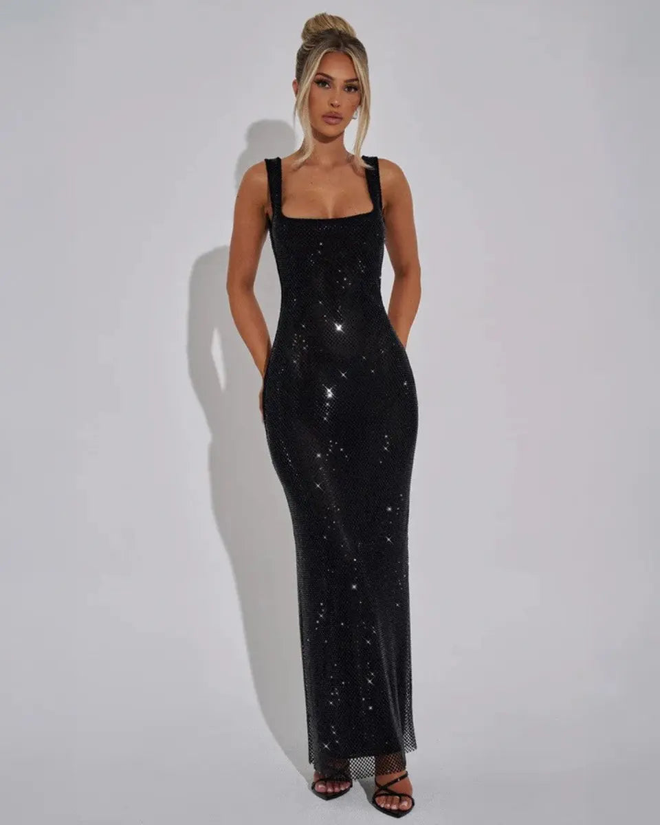 Women's Sequin Maxi Dress Sleeveless Square Neck Bodycon Evening Gown – Christmas Party & New Year's Eve