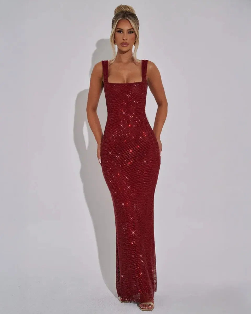 Women's Sequin Maxi Dress Sleeveless Square Neck Bodycon Evening Gown – Christmas Party & New Year's Eve