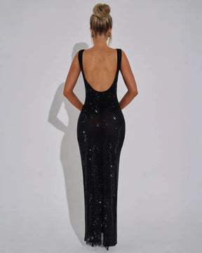 Women's Sequin Maxi Dress Sleeveless Square Neck Bodycon Evening Gown – Christmas Party & New Year's Eve
