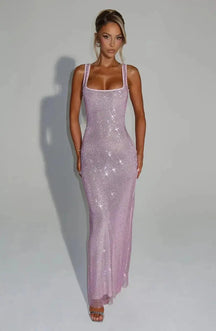 Women's Sequin Maxi Dress Sleeveless Square Neck Bodycon Evening Gown – Christmas Party & New Year's Eve