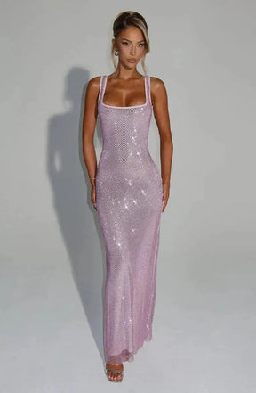 Women's Sequin Maxi Dress Sleeveless Square Neck Bodycon Evening Gown – Christmas Party & New Year's Eve