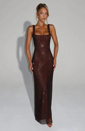 Women's Sequin Maxi Dress Sleeveless Square Neck Bodycon Evening Gown – Christmas Party & New Year's Eve