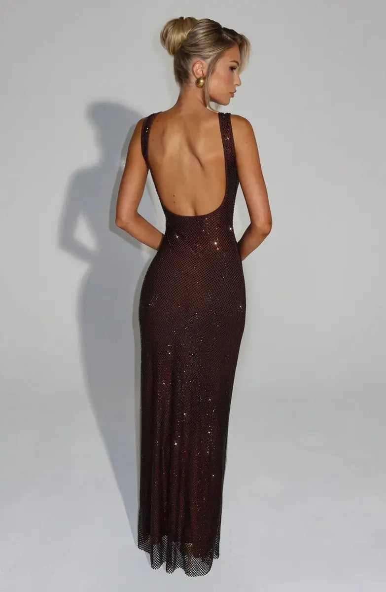 Women's Sequin Maxi Dress Sleeveless Square Neck Bodycon Evening Gown – Christmas Party & New Year's Eve