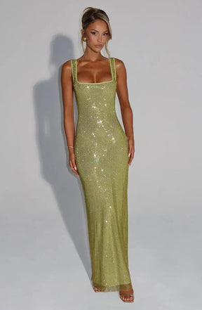 Women's Sequin Maxi Dress Sleeveless Square Neck Bodycon Evening Gown – Christmas Party & New Year's Eve
