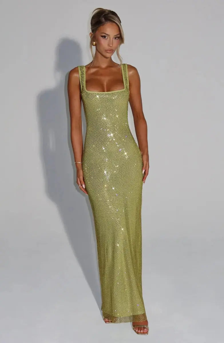 Women's Sequin Maxi Dress Sleeveless Square Neck Bodycon Evening Gown – Christmas Party & New Year's Eve