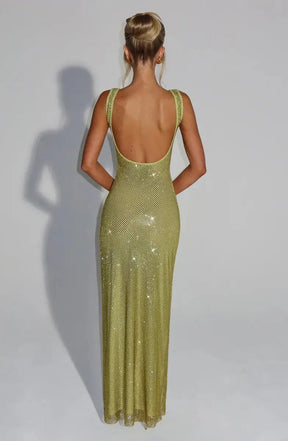 Women's Sequin Maxi Dress Sleeveless Square Neck Bodycon Evening Gown – Christmas Party & New Year's Eve