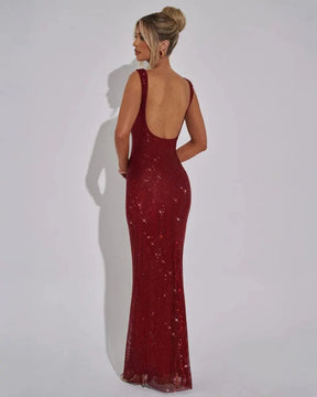 Women's Sequin Maxi Dress Sleeveless Square Neck Bodycon Evening Gown – Christmas Party & New Year's Eve