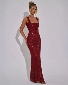 Women's Sequin Maxi Dress Sleeveless Square Neck Bodycon Evening Gown – Christmas Party & New Year's Eve