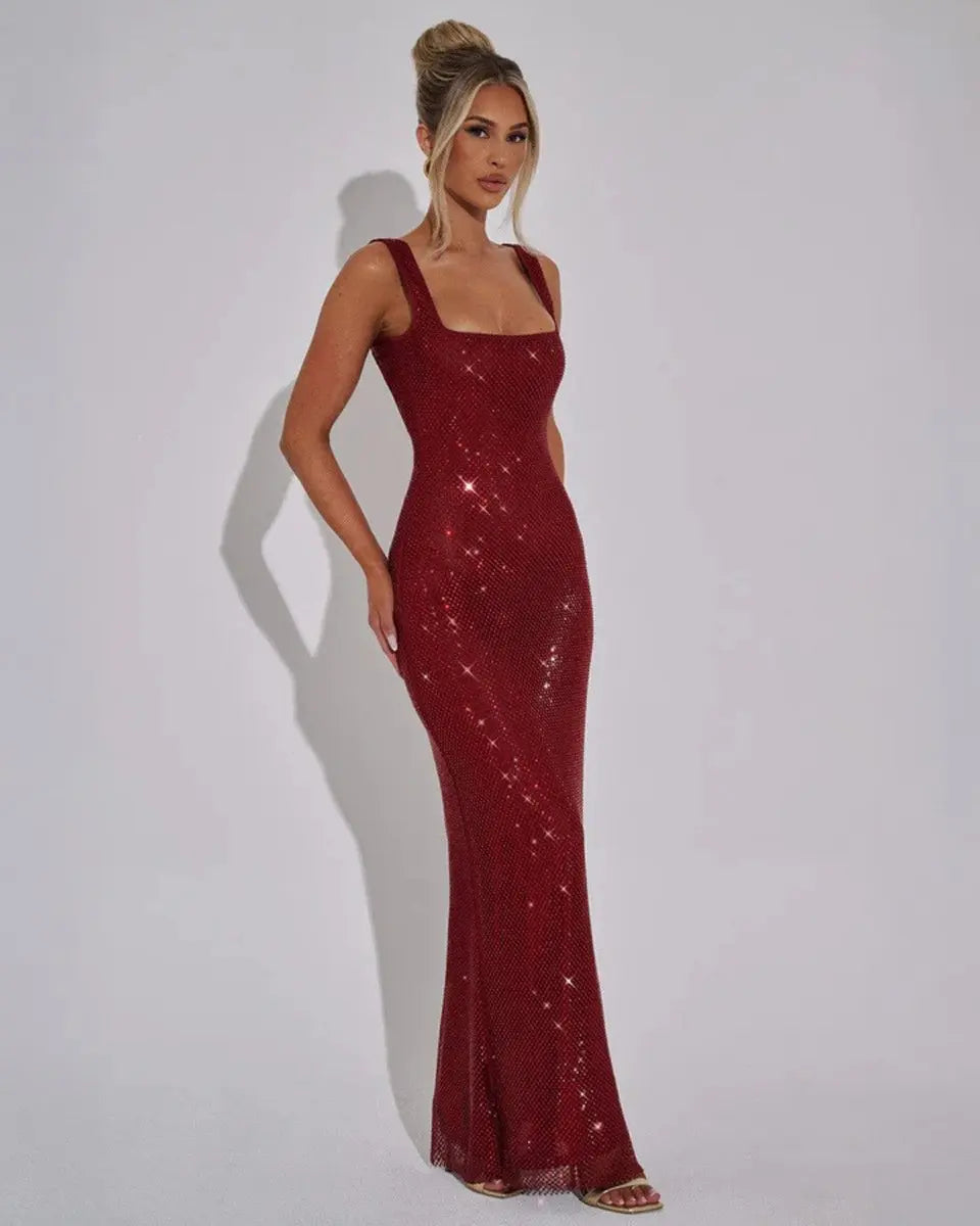 Women's Sequin Maxi Dress Sleeveless Square Neck Bodycon Evening Gown – Christmas Party & New Year's Eve
