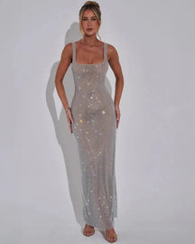 Women's Sequin Maxi Dress Sleeveless Square Neck Bodycon Evening Gown – Christmas Party & New Year's Eve