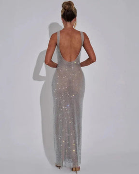 Women's Sequin Maxi Dress Sleeveless Square Neck Bodycon Evening Gown – Christmas Party & New Year's Eve