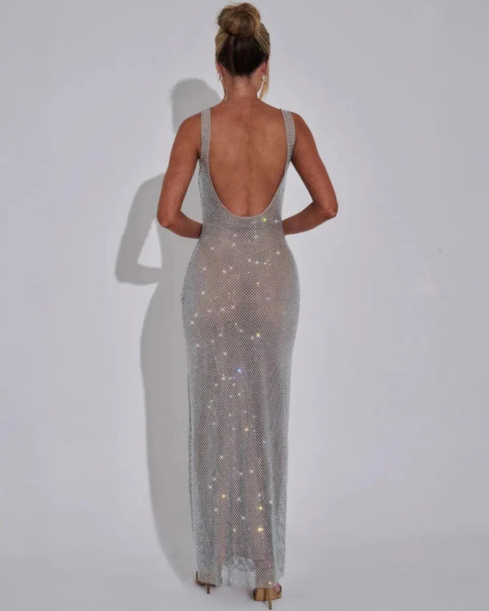 Women's Sequin Maxi Dress Sleeveless Square Neck Bodycon Evening Gown – Christmas Party & New Year's Eve