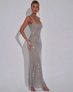 Women's Sequin Maxi Dress Sleeveless Square Neck Bodycon Evening Gown – Christmas Party & New Year's Eve