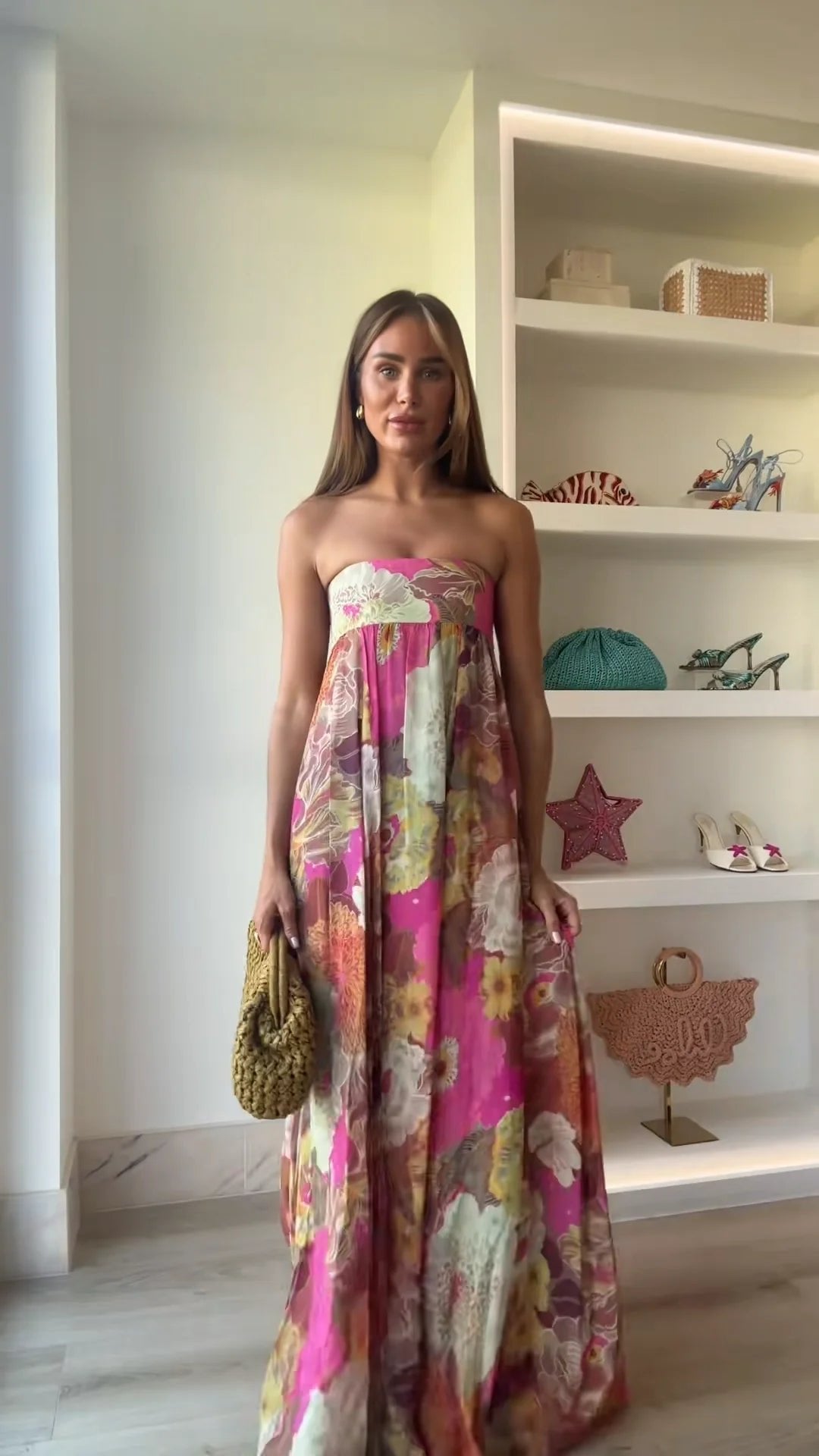 Women's Strapless Floral Maxi Wedding Guest Dress