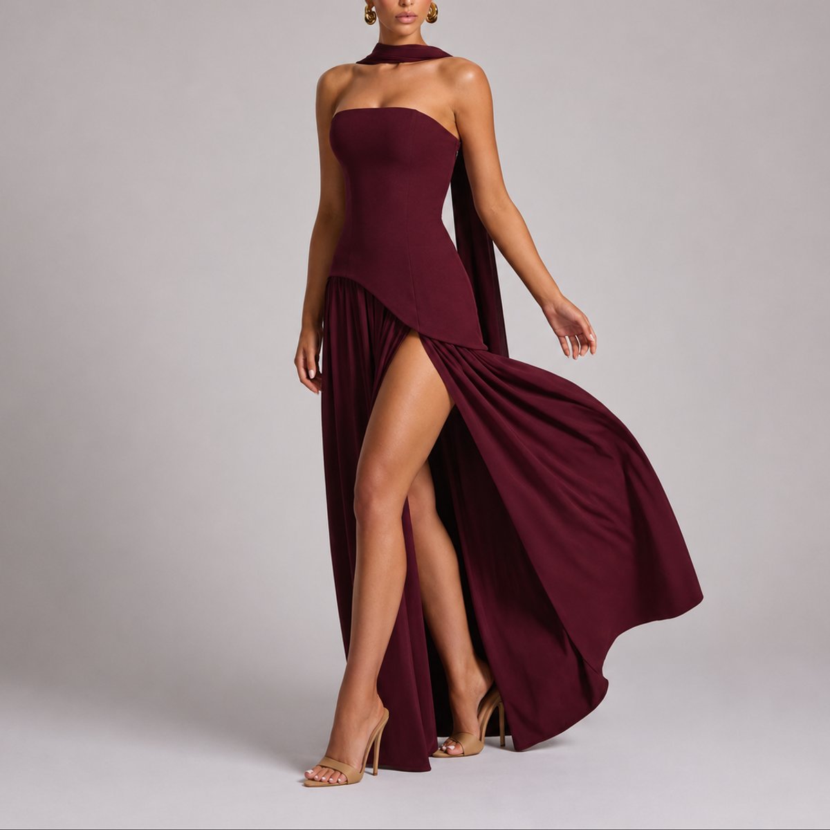 Women's Strapless Open-Back Split-Skirt Fall Wedding Guest Maxi Dress
