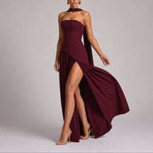 Women's Strapless Open-Back Split-Skirt Fall Wedding Guest Maxi Dress