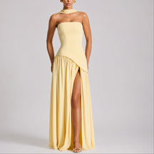 Women's Strapless Open-Back Split-Skirt Fall Wedding Guest Maxi Dress
