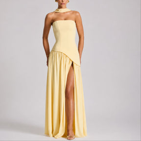 Women's Strapless Open-Back Split-Skirt Fall Wedding Guest Maxi Dress
