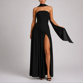 Women's Strapless Open-Back Split-Skirt Fall Wedding Guest Maxi Dress