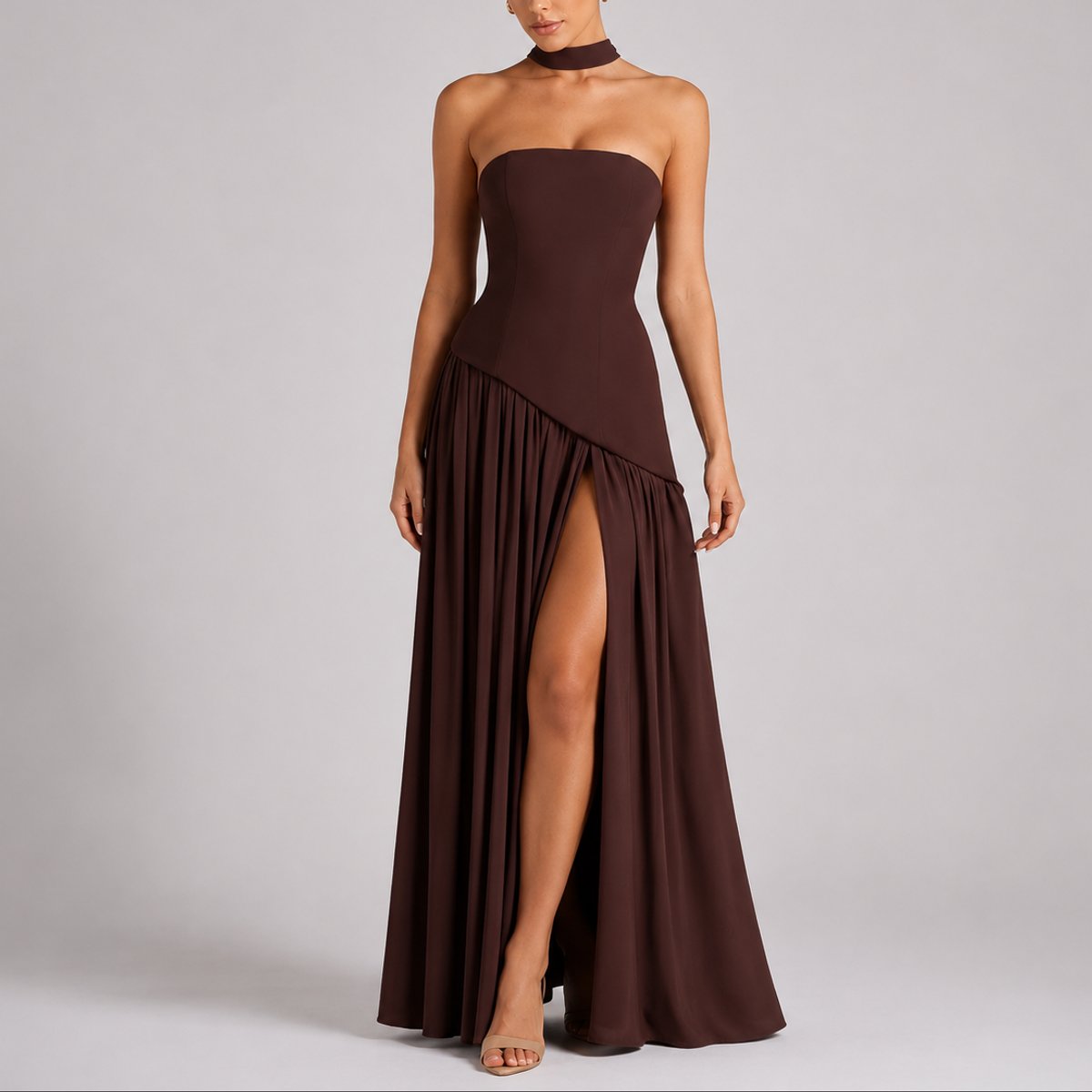 Women's Strapless Open-Back Split-Skirt Fall Wedding Guest Maxi Dress