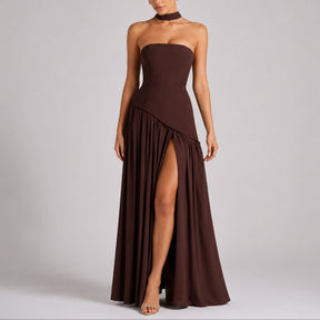 Women's Strapless Open-Back Split-Skirt Fall Wedding Guest Maxi Dress