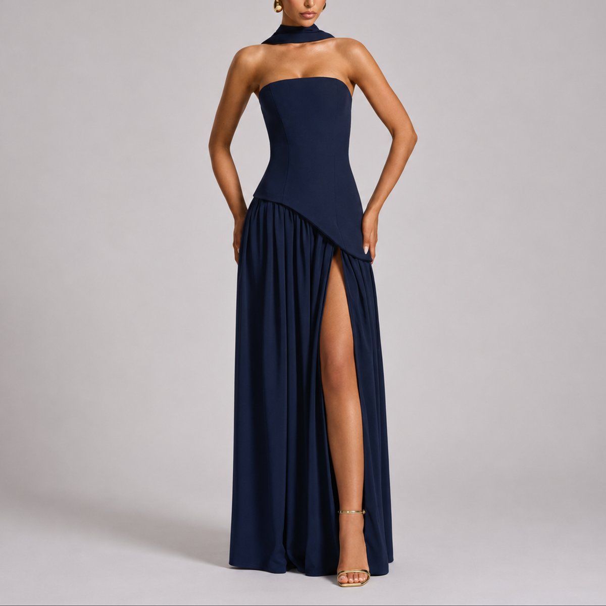 Women's Strapless Open-Back Split-Skirt Fall Wedding Guest Maxi Dress