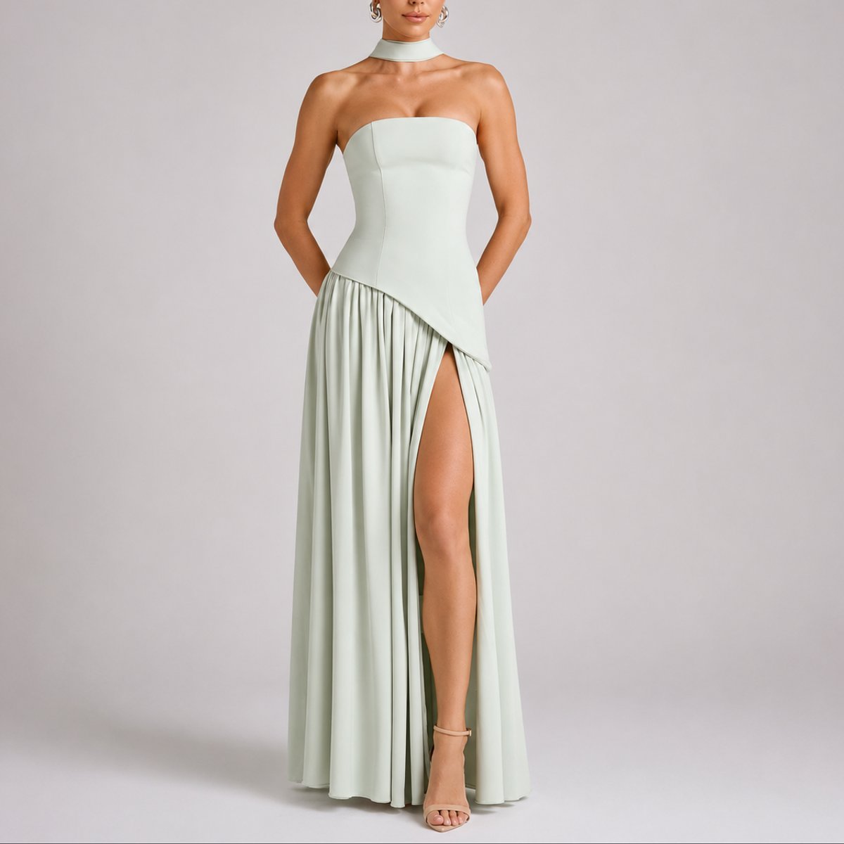 Women's Strapless Open-Back Split-Skirt Fall Wedding Guest Maxi Dress