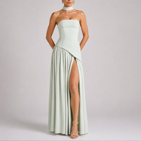 Women's Strapless Open-Back Split-Skirt Fall Wedding Guest Maxi Dress