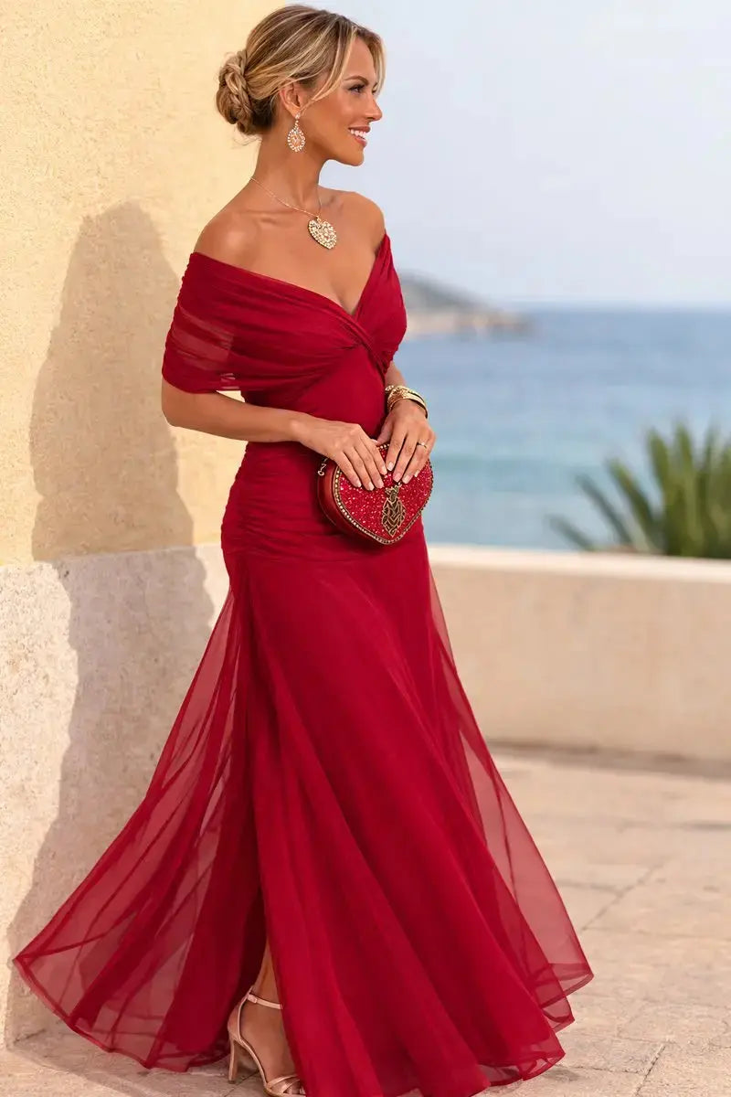 Women's V-Neck Chiffon Flutter-Sleeve Maxi Christmas Party Dress