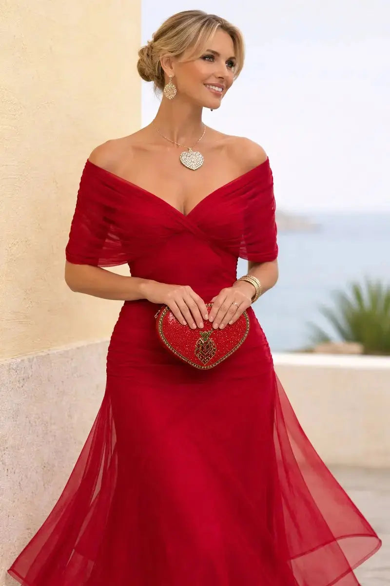 Women's V-Neck Chiffon Flutter-Sleeve Maxi Christmas Party Dress