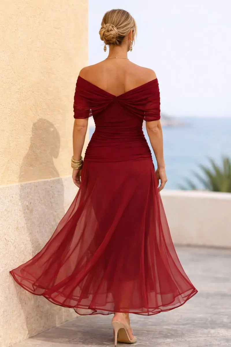 Women's V-Neck Chiffon Flutter-Sleeve Maxi Christmas Party Dress