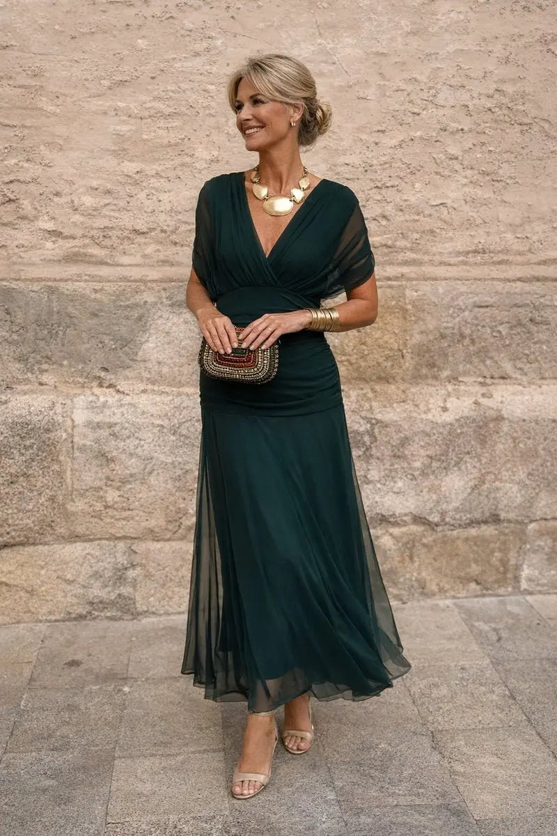 Women's V-Neck Chiffon Flutter-Sleeve Maxi Christmas Party Dress