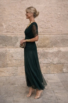 Women's V-Neck Chiffon Flutter-Sleeve Maxi Christmas Party Dress