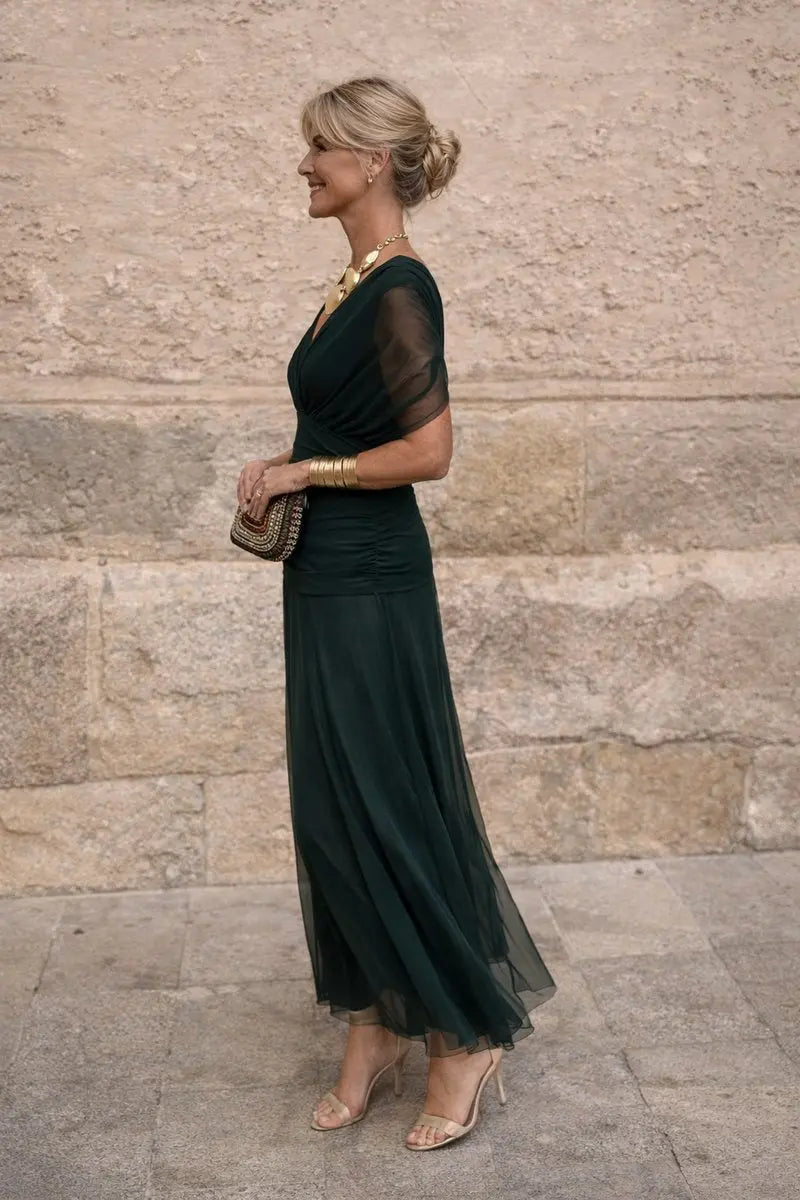 Women's V-Neck Chiffon Flutter-Sleeve Maxi Christmas Party Dress