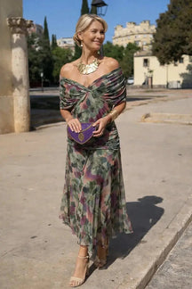 Women's V-Neck Chiffon Flutter-Sleeve Maxi Christmas Party Dress