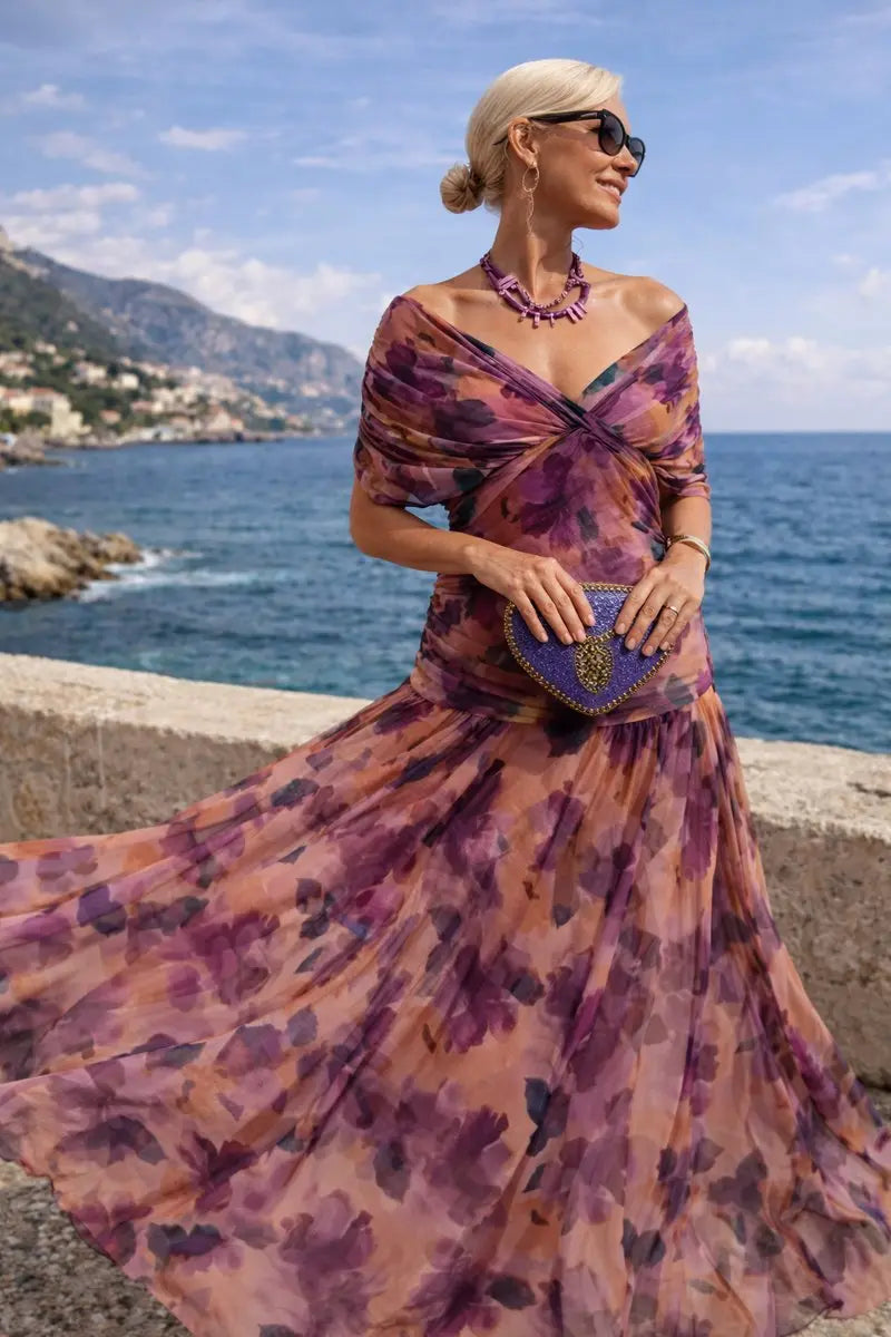Women's V-Neck Chiffon Flutter-Sleeve Maxi Christmas Party Dress