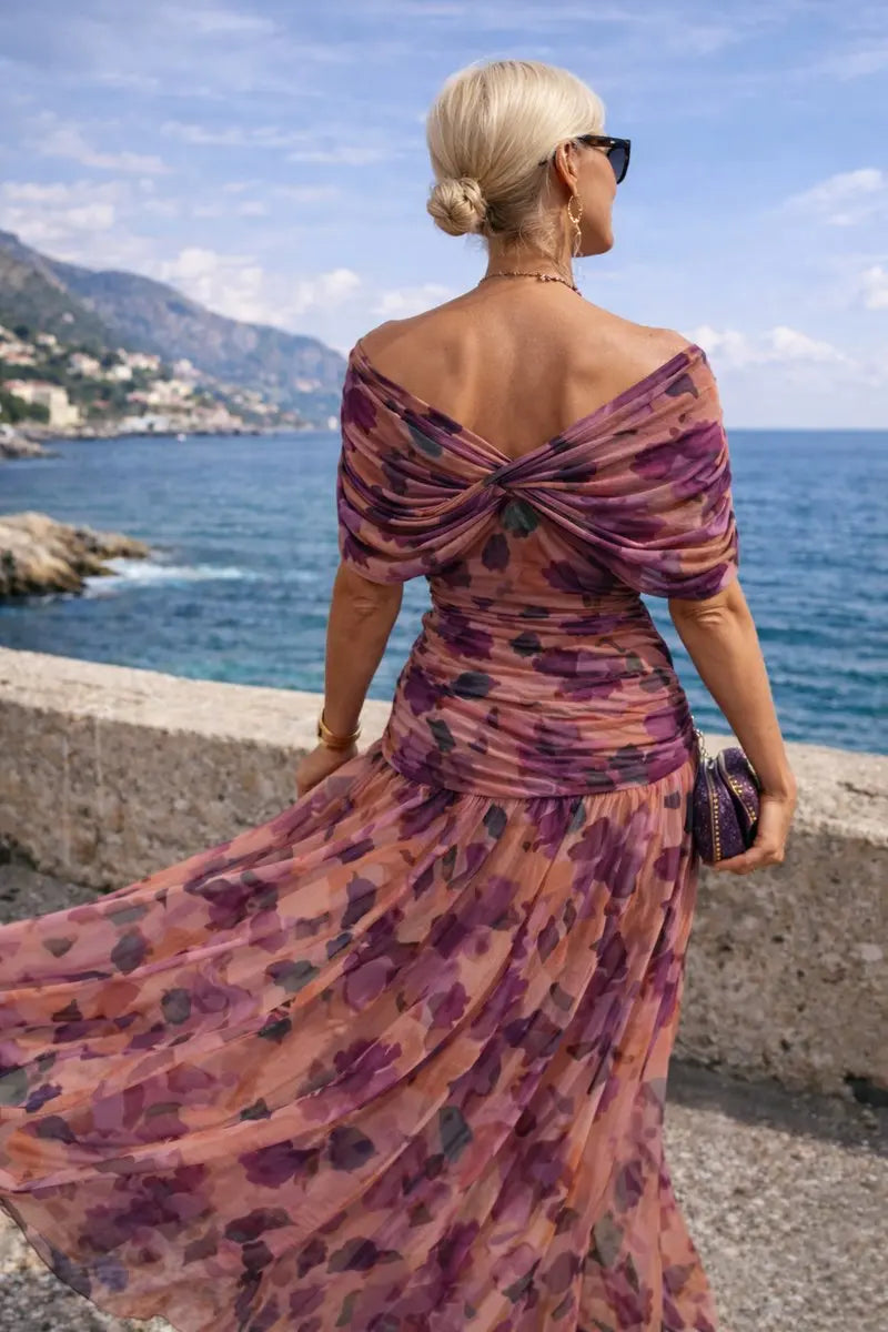 Women's V-Neck Chiffon Flutter-Sleeve Maxi Christmas Party Dress